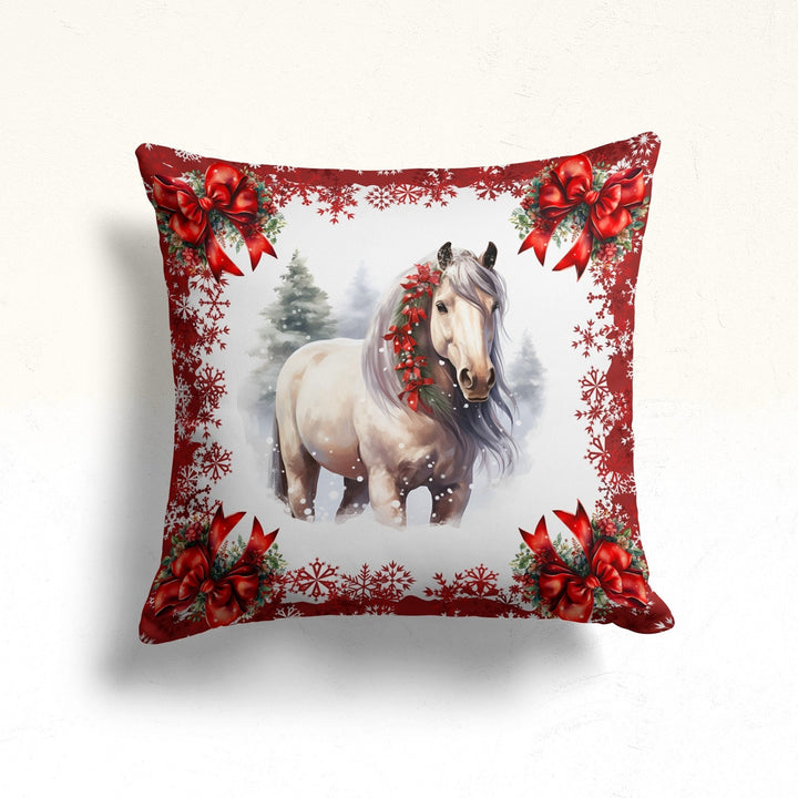 Horse Print Winter Pillow Case|Christmas Pillow Cover|Red Berries Outdoor Pillowtop|Snowflake Porch Cushion Case|Xmas Ornament Pillow