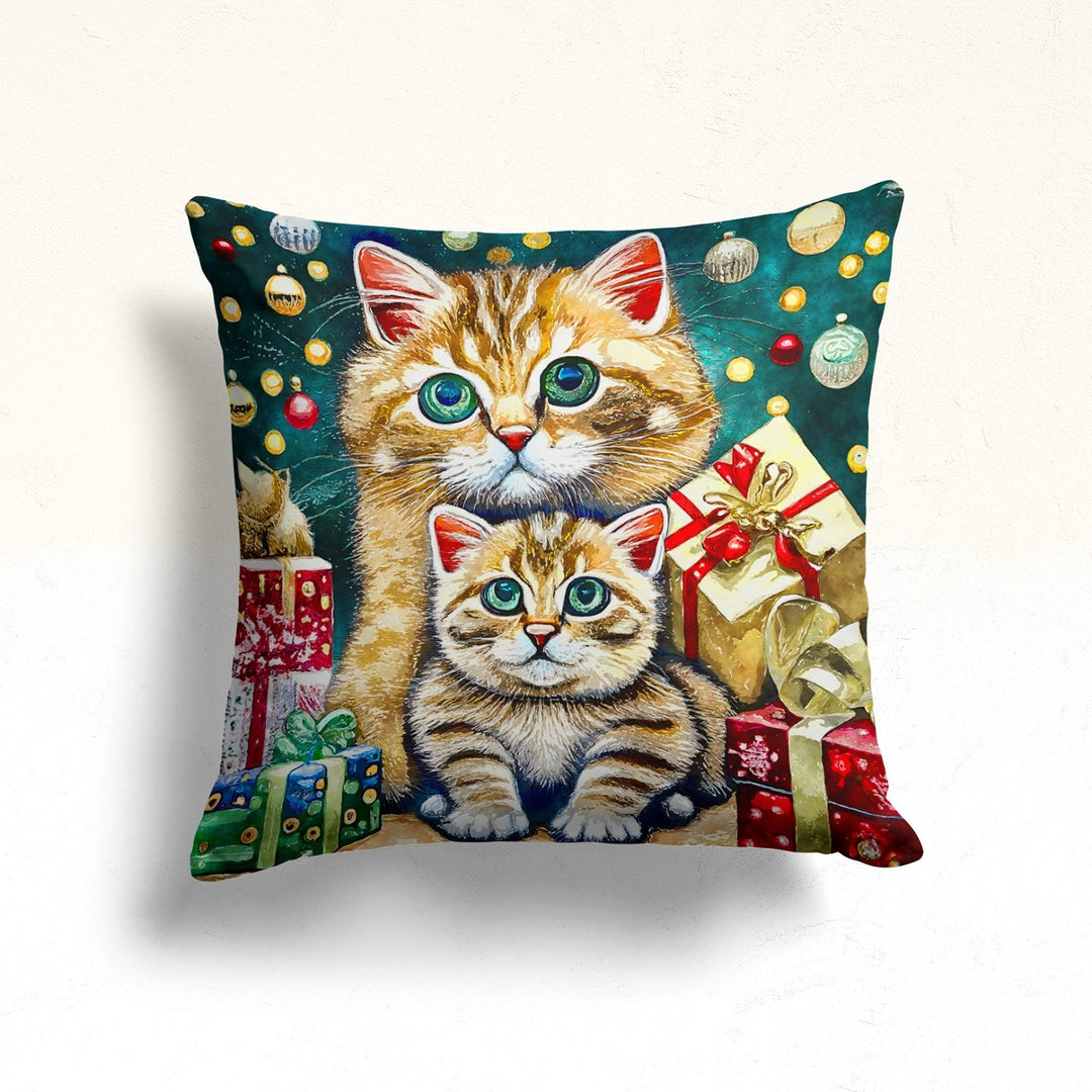 Christmas Pillow Cover|Cute Xmas Cat Throw Pillowcase|Kitten Print Outdoor Pillowcase|Snowflake Porch Pillow Top|Gift Box Sofa Cushion Case