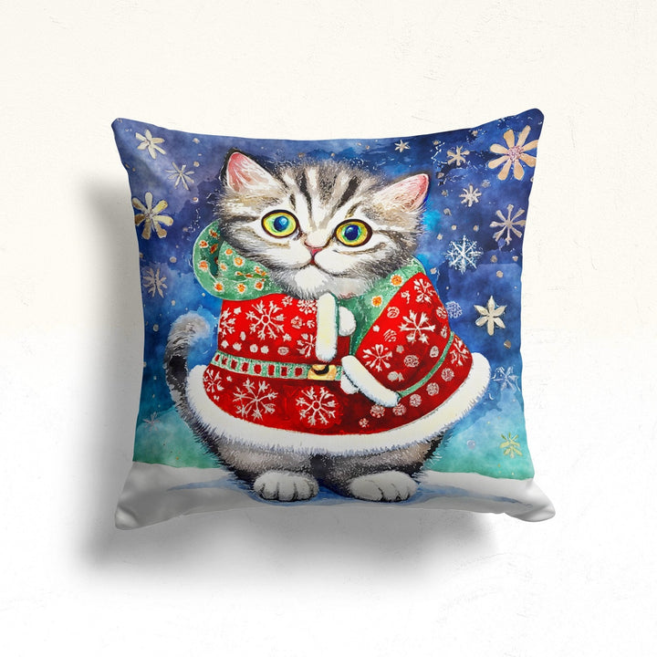 Christmas Pillow Cover|Cute Xmas Cat Throw Pillowcase|Kitten Print Outdoor Pillowcase|Snowflake Porch Pillow Top|Gift Box Sofa Cushion Case