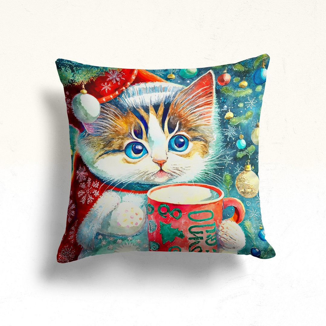 Christmas Pillow Cover|Cute Xmas Cat Throw Pillowcase|Kitten Print Outdoor Pillowcase|Snowflake Porch Pillow Top|Gift Box Sofa Cushion Case