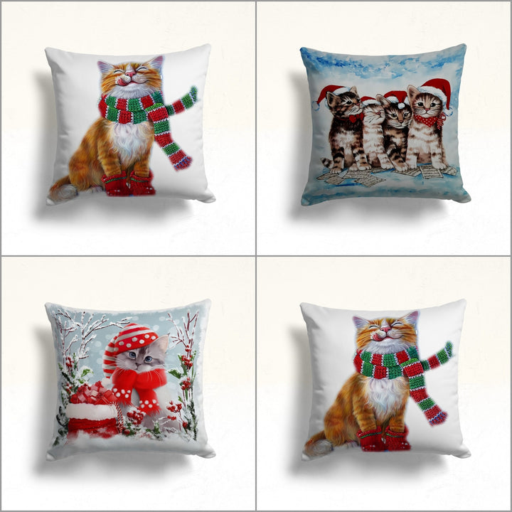 Winter Cat Sofa Cushion Case|Cat With Santa Hat Print Throw Pillowcase|Christmas Porch Pillow Top|Cute Kitten Outdoor Pillowcase