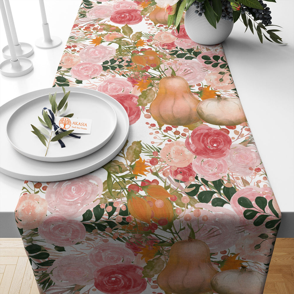 Fall Table Runner|Flower Table Setting|Autumn Table Topper|Leaf Tablecloth|Pumpkin Table Coverlet|Thanksgiving Table Top|Seasonal Kitchen