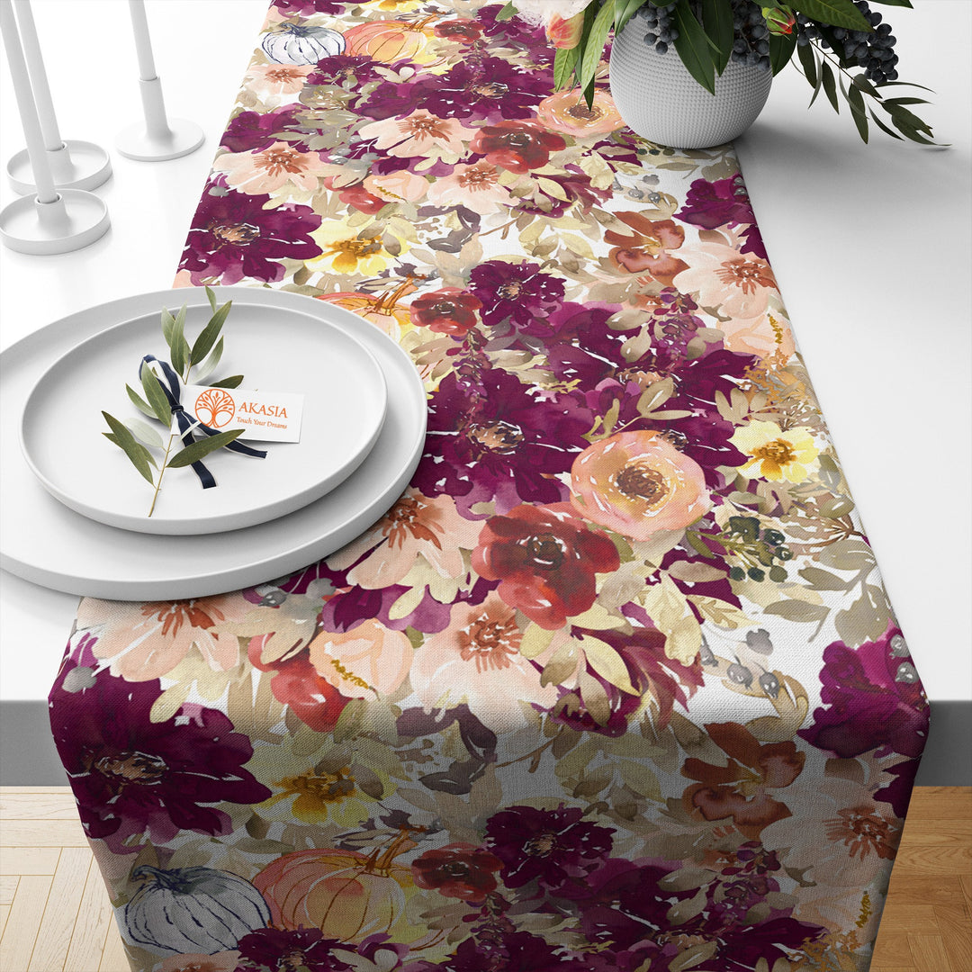 Fall Table Runner|Flower Table Setting|Autumn Table Topper|Leaf Tablecloth|Pumpkin Table Coverlet|Thanksgiving Table Top|Seasonal Kitchen