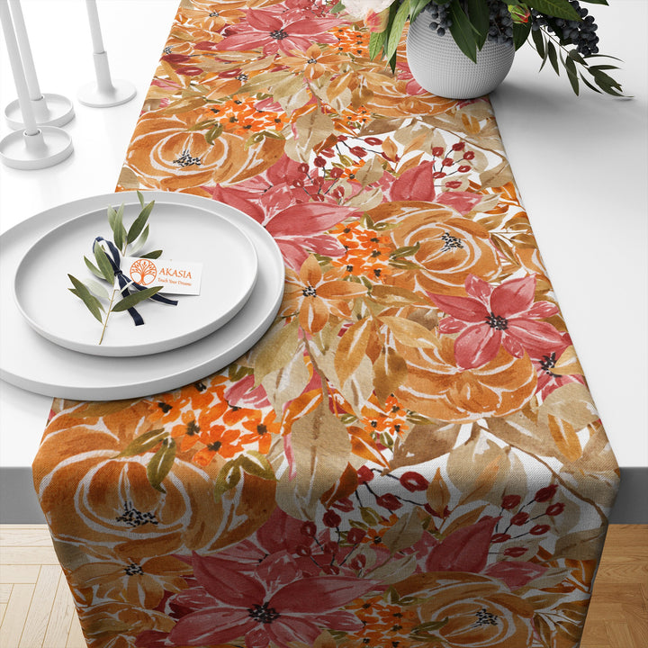 Fall Table Runner|Flower Table Setting|Autumn Table Topper|Leaf Tablecloth|Pumpkin Table Coverlet|Thanksgiving Table Top|Seasonal Kitchen