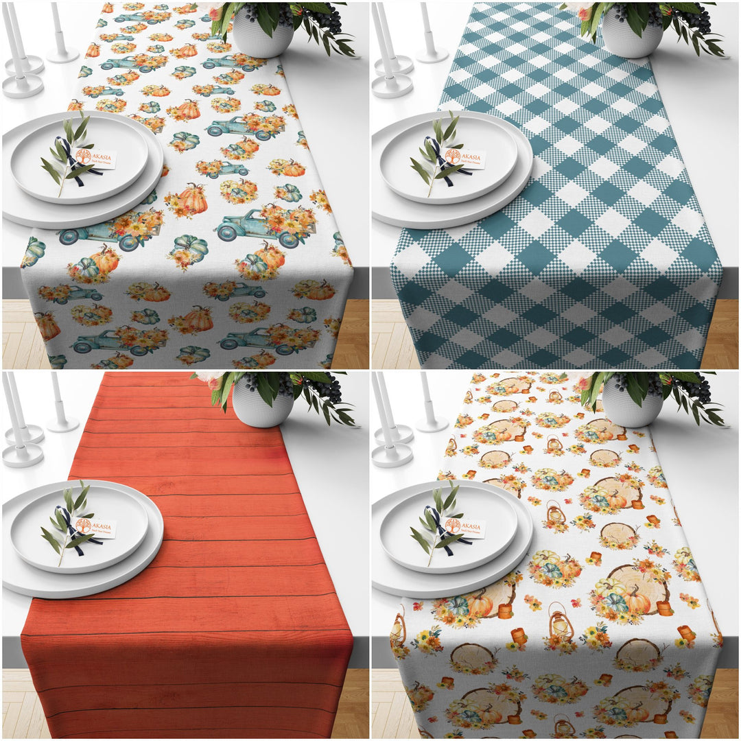 Autumn Table Coverlet|Truck Table Setting|Thanksgiving Table Topper|Plaid Table Runner|Striped Table Top|Pumpkin Kitchen Decor|Fall Table