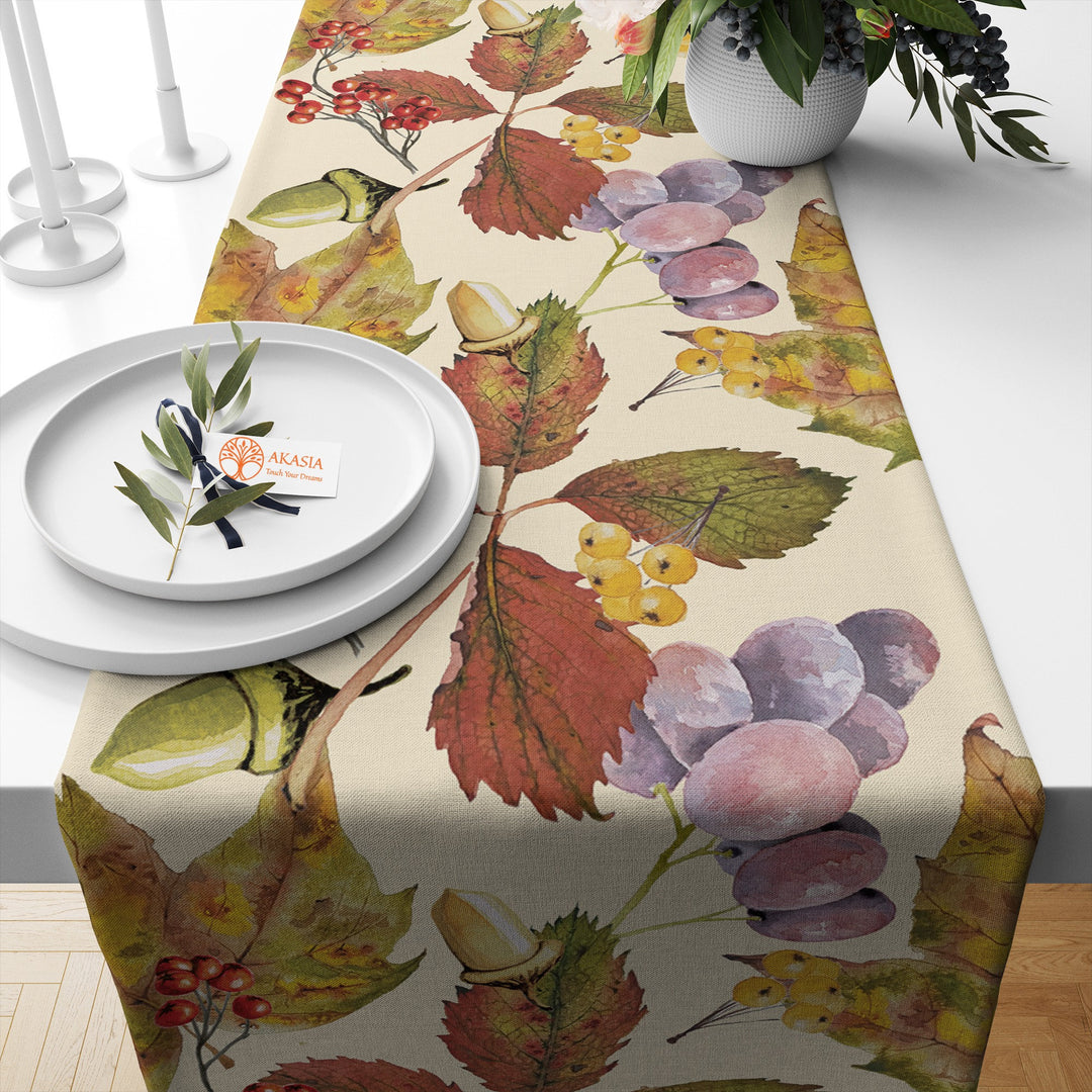 Leaf Table Topper|Red Berry Table Setting|Grape Table Top|Fall Kitchen Decor|Cozy Table Runner|Fruit Tablecloth|Autumn Table Dressing