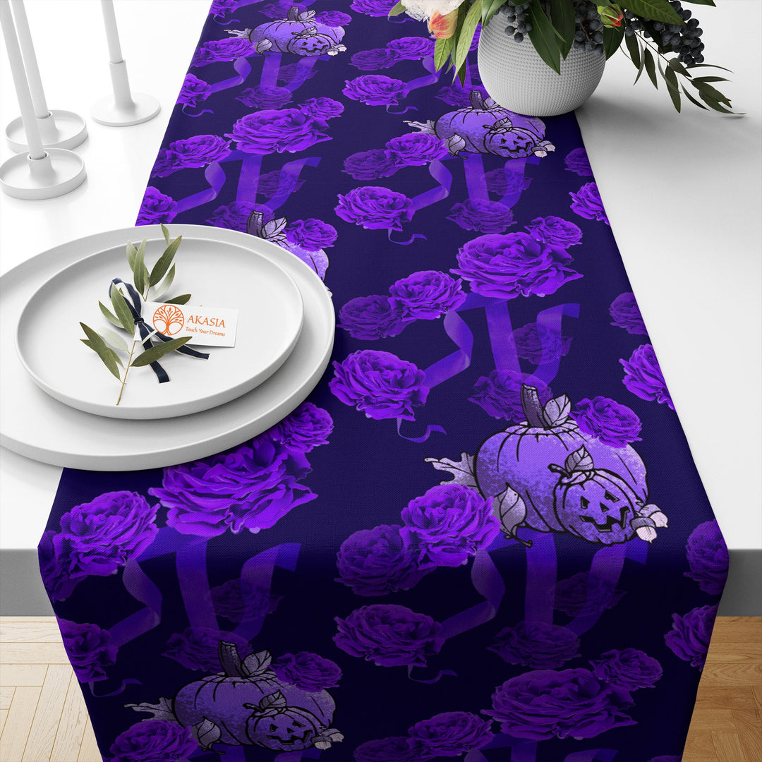 Halloween Kitchen Decor|Trick or Treat Table Dressing|Scary Creature Tablecloth|Flower Table Setting|Skull Table Runner|Carved Pumpkin Table