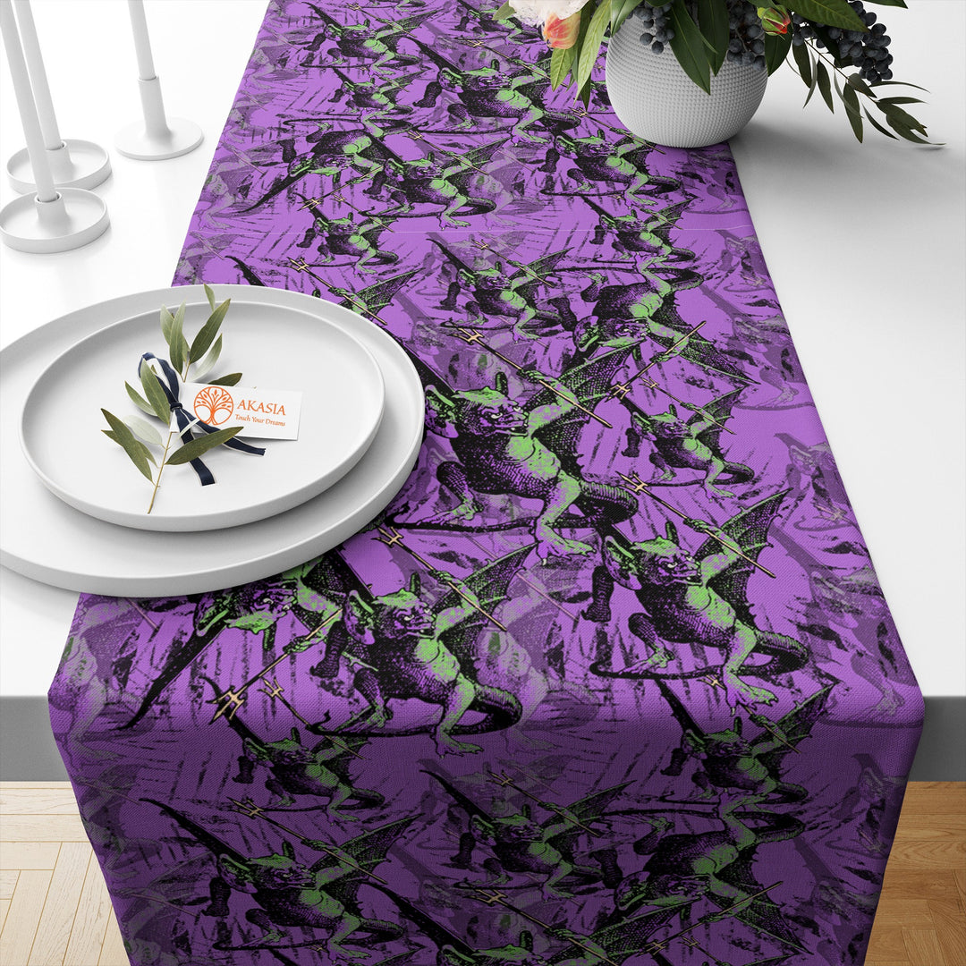 Halloween Kitchen Decor|Trick or Treat Table Dressing|Scary Creature Tablecloth|Flower Table Setting|Skull Table Runner|Carved Pumpkin Table