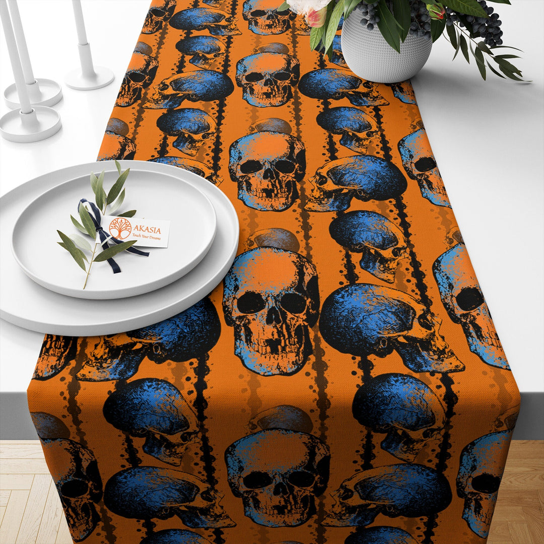 Halloween Kitchen Decor|Trick or Treat Table Dressing|Scary Creature Tablecloth|Flower Table Setting|Skull Table Runner|Carved Pumpkin Table