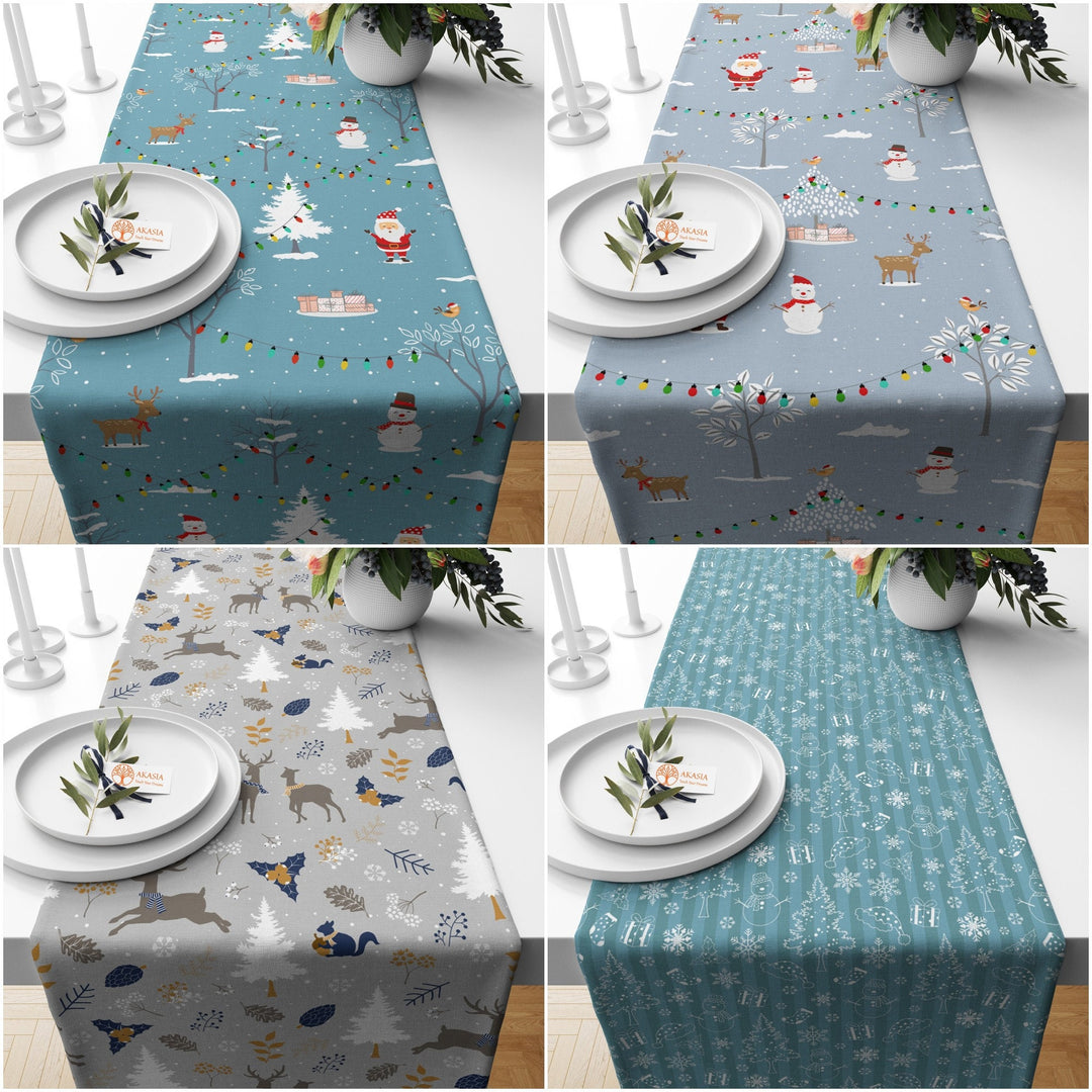 Winter Table Runner|Deer Print Kitchen Decor|Pine Tree Table Sheet|Snowman Table Decor|Santa Claus Table Cover|Xmas Tablecloth for Party