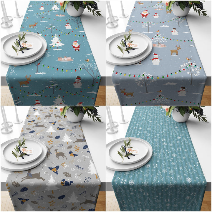 Winter Table Runner|Deer Print Kitchen Decor|Pine Tree Table Sheet|Snowman Table Decor|Santa Claus Table Cover|Xmas Tablecloth for Party