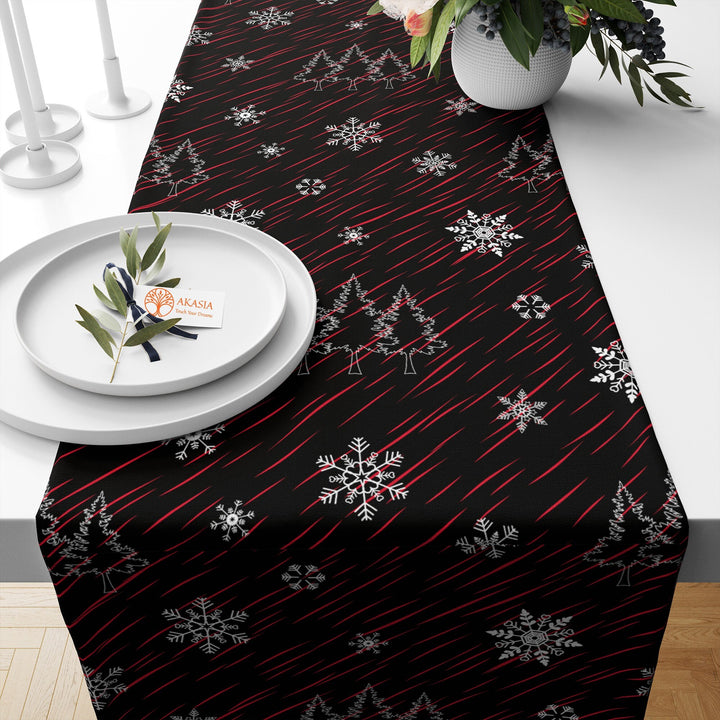 Winter Trend Table Sheet|Pine Tree Table Runner|Xmas Design Table Decor|Deer Tablecloth|Snowflake Kitchen Decor|Berry Print Table Cover