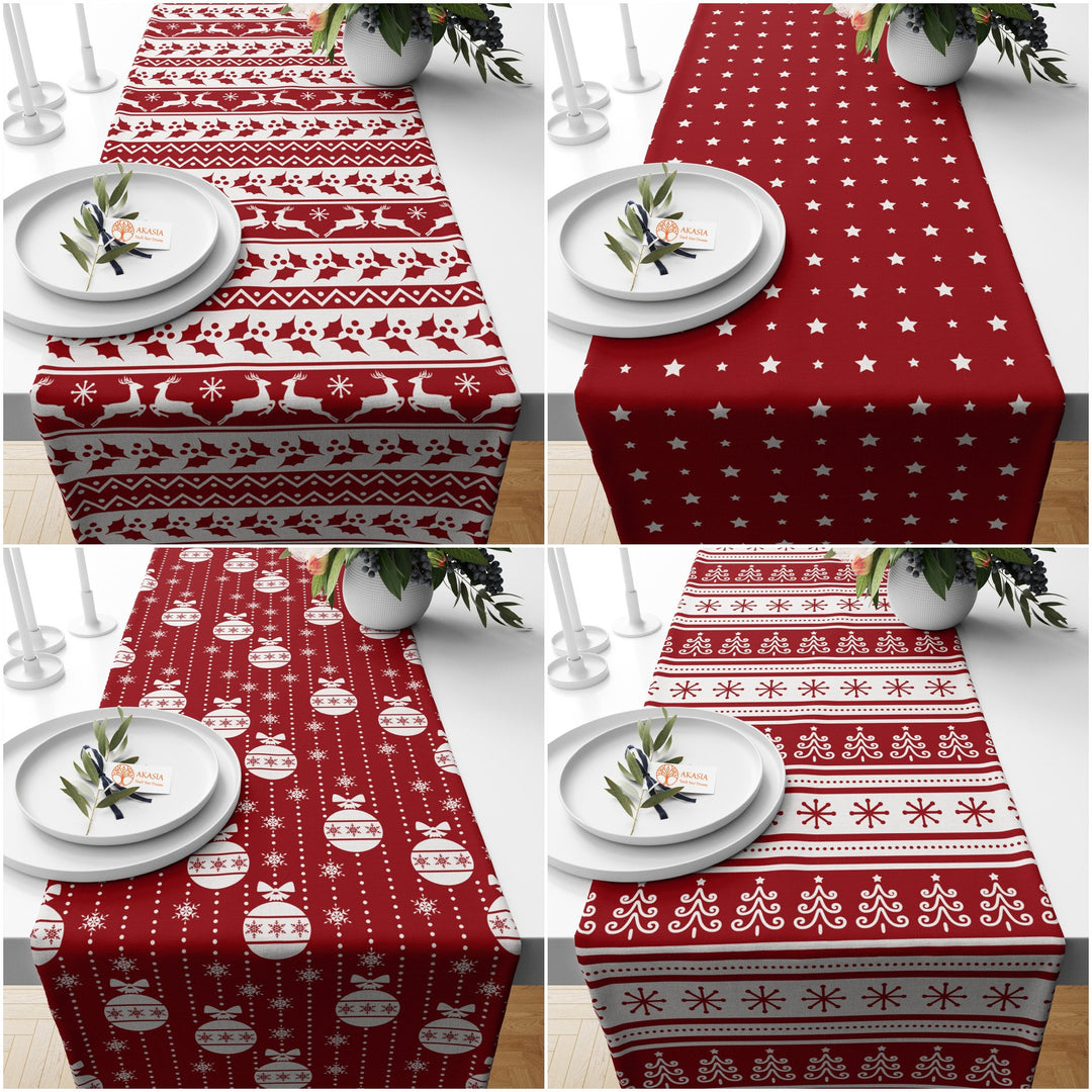 Red White Xmas Table Decor|Xmas Ornament Table Runner|Snowflake Table Sheet|Star Table Cover|Winter Kitchen Decor|Xmas Deer Tablecloth