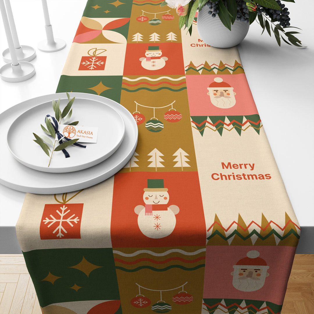 Retro Design Christmas Runner|Cake Table Decor|Cookie Table Runner|Snowman Table Sheet|Winter Tablecloth|Xmas Table Cover|Merry Xmas Runner