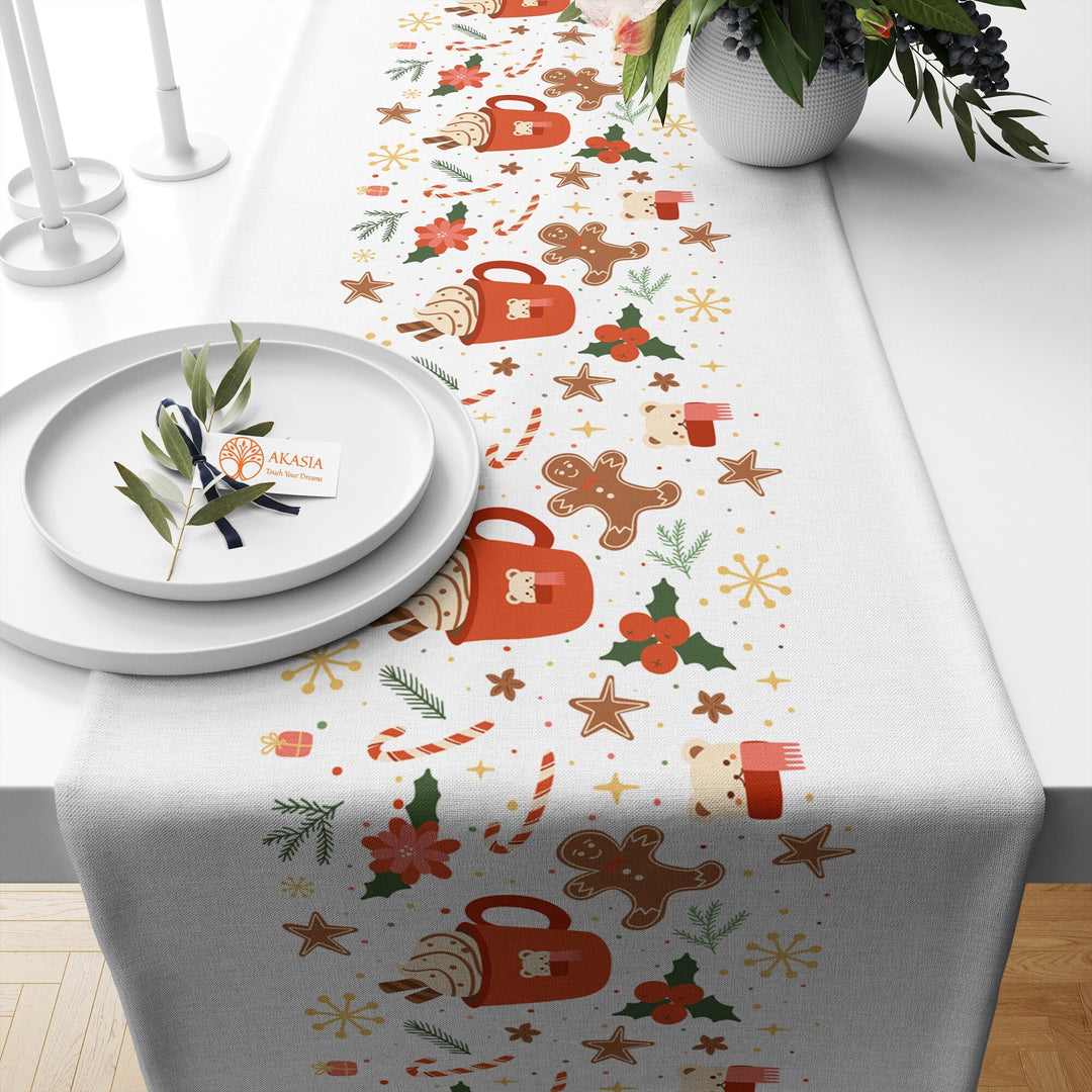 Retro Design Christmas Runner|Cake Table Decor|Cookie Table Runner|Snowman Table Sheet|Winter Tablecloth|Xmas Table Cover|Merry Xmas Runner