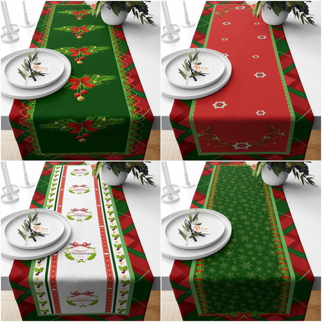 Merry Christmas Table Cover|Snowflake Table Runner|Pine Tree Needles Table Decor|Red Green Kitchen Decor|Xmas Table Sheet|Winter Tablecloth