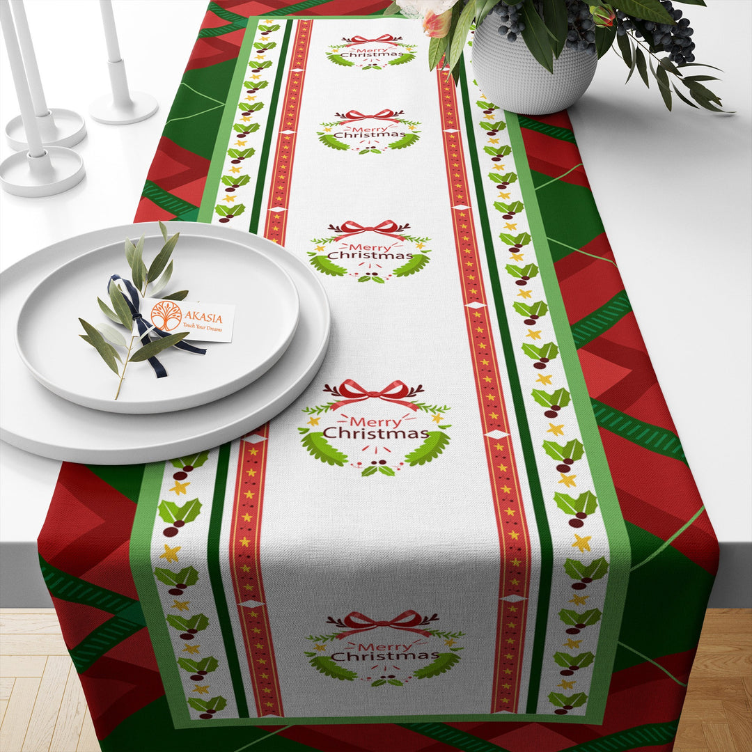 Merry Christmas Table Cover|Snowflake Table Runner|Pine Tree Needles Table Decor|Red Green Kitchen Decor|Xmas Table Sheet|Winter Tablecloth