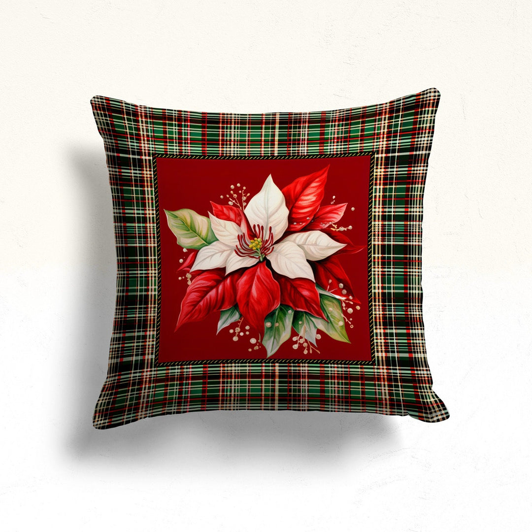 Red Berry Xmas Pillow Cover|Plaid Porch Cushion Case|Pine Cone Winter Pillow Case|Red Poinsettia Pillowcase|White Poinsettia Throw Pillowtop