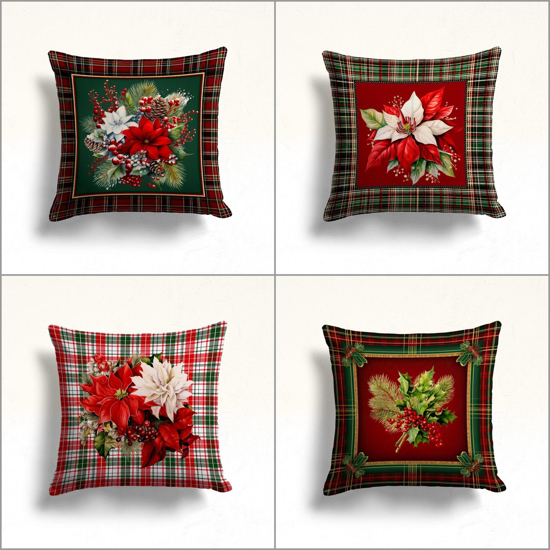 Red Berry Xmas Pillow Cover|Plaid Porch Cushion Case|Pine Cone Winter Pillow Case|Red Poinsettia Pillowcase|White Poinsettia Throw Pillowtop