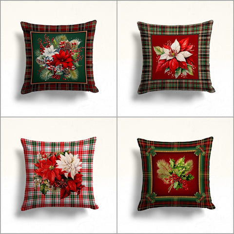 Red Berry Xmas Pillow Cover|Plaid Porch Cushion Case|Pine Cone Winter Pillow Case|Red Poinsettia Pillowcase|White Poinsettia Throw Pillowtop