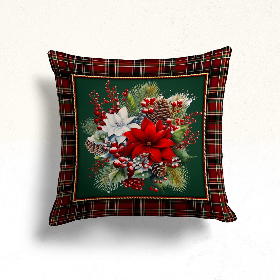 Red Berry Xmas Pillow Cover|Plaid Porch Cushion Case|Pine Cone Winter Pillow Case|Red Poinsettia Pillowcase|White Poinsettia Throw Pillowtop