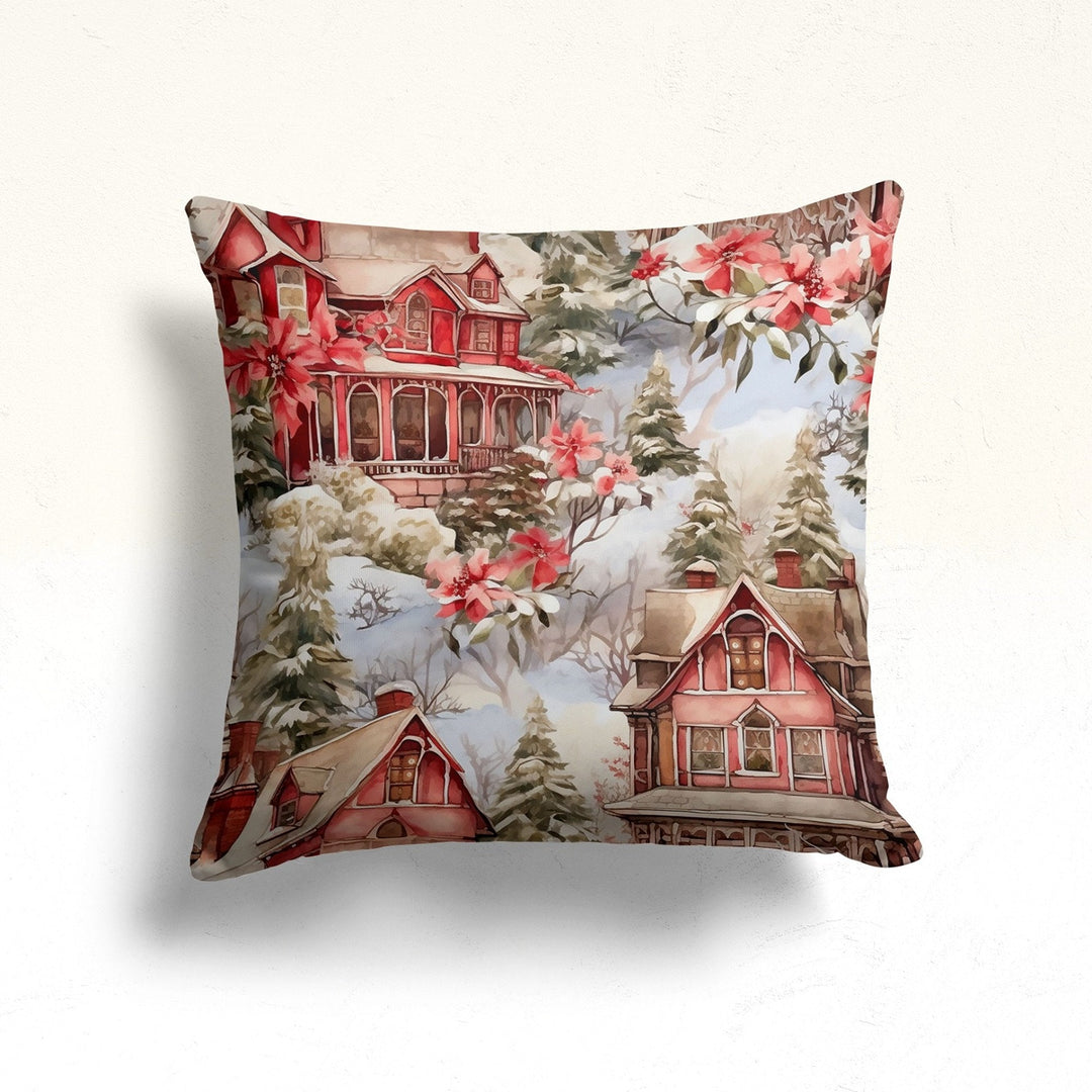 Winter House Throw Pillowtop|Pine Tree Pillowcase|Cozy Porch Cushion Case|Decorative Winter Pillow Case|Snow Xmas Pillow Cover