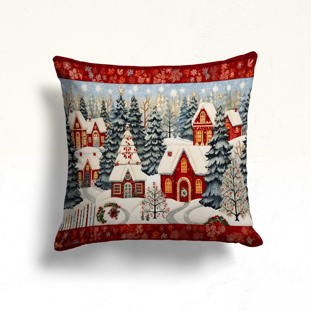 Xmas Festive Time Porch Cushion Case|Snow House Winter Pillow Case|Christmas Pillowcase|Cozy Throw Pillowtop|Pine Tree Xmas Pillow Cover