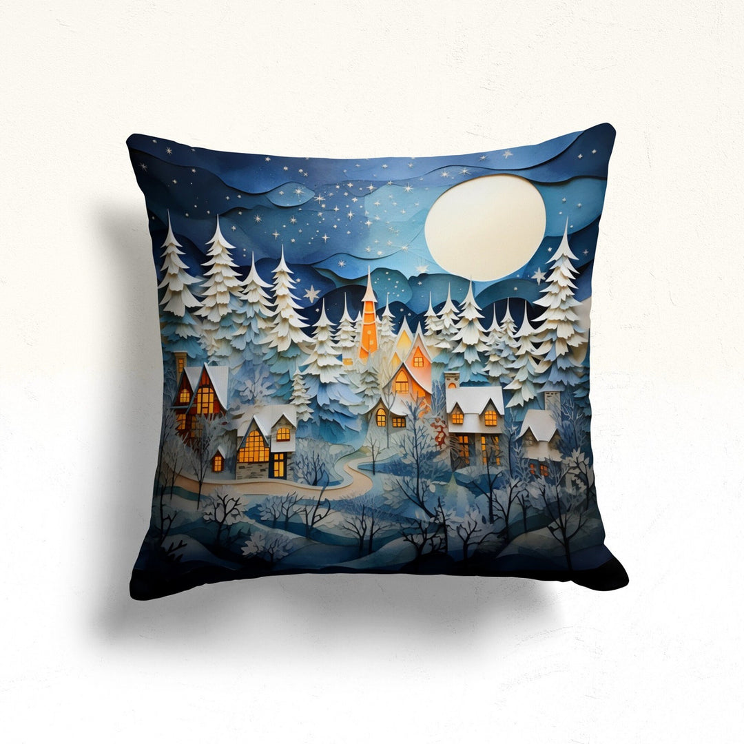 Christmas Porch Cushion Case|Full Moon Xmas Pillow Cover|Pine Tree Pillowcase|Joy Throw Pillowtop|House Under Snow Winter Pillow Case