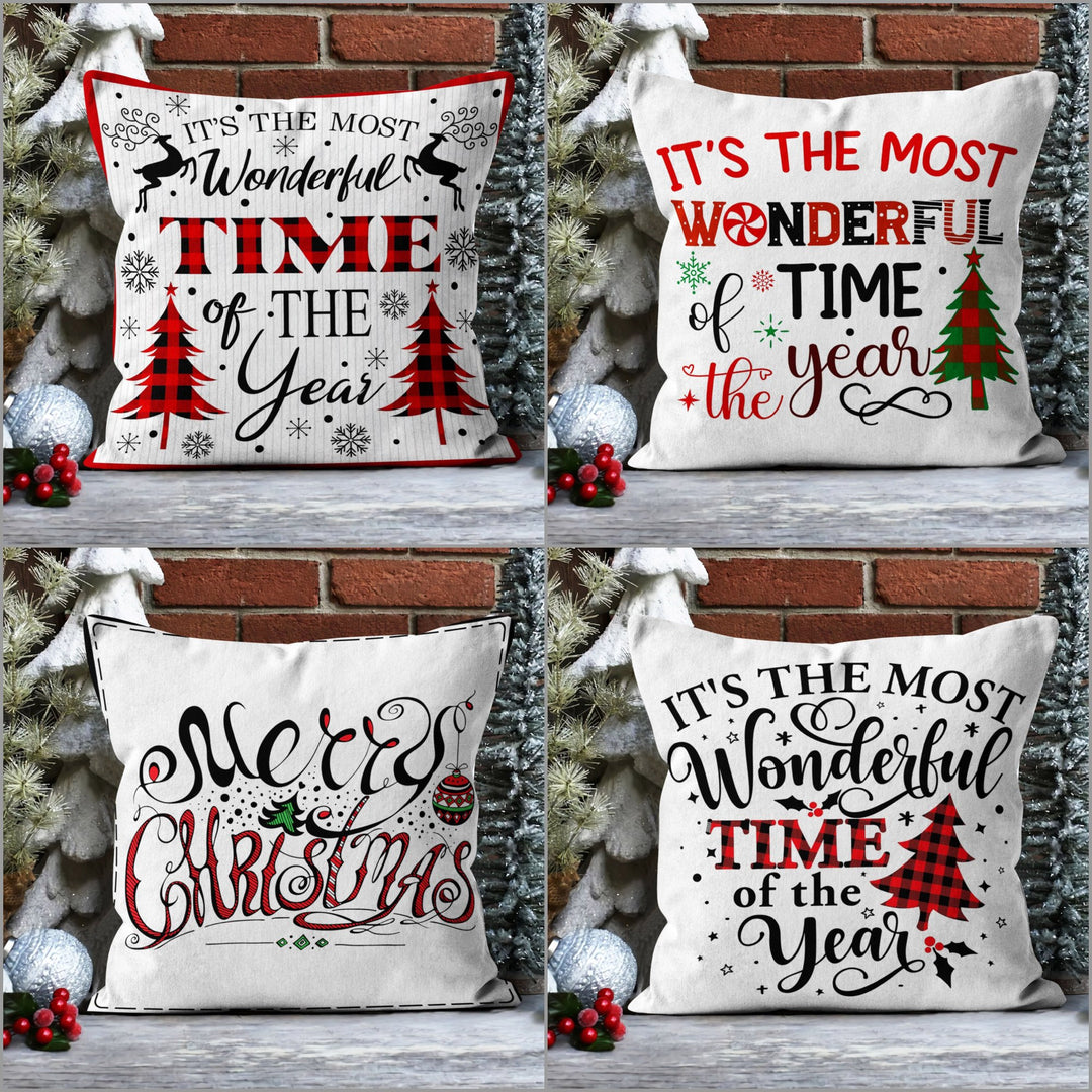 Merry Xmas Porch Cushion Case|It’s The Most Wonderful Time of The Year Print Sofa Pillow Case|Checkered Pine Tree Pillow Cover