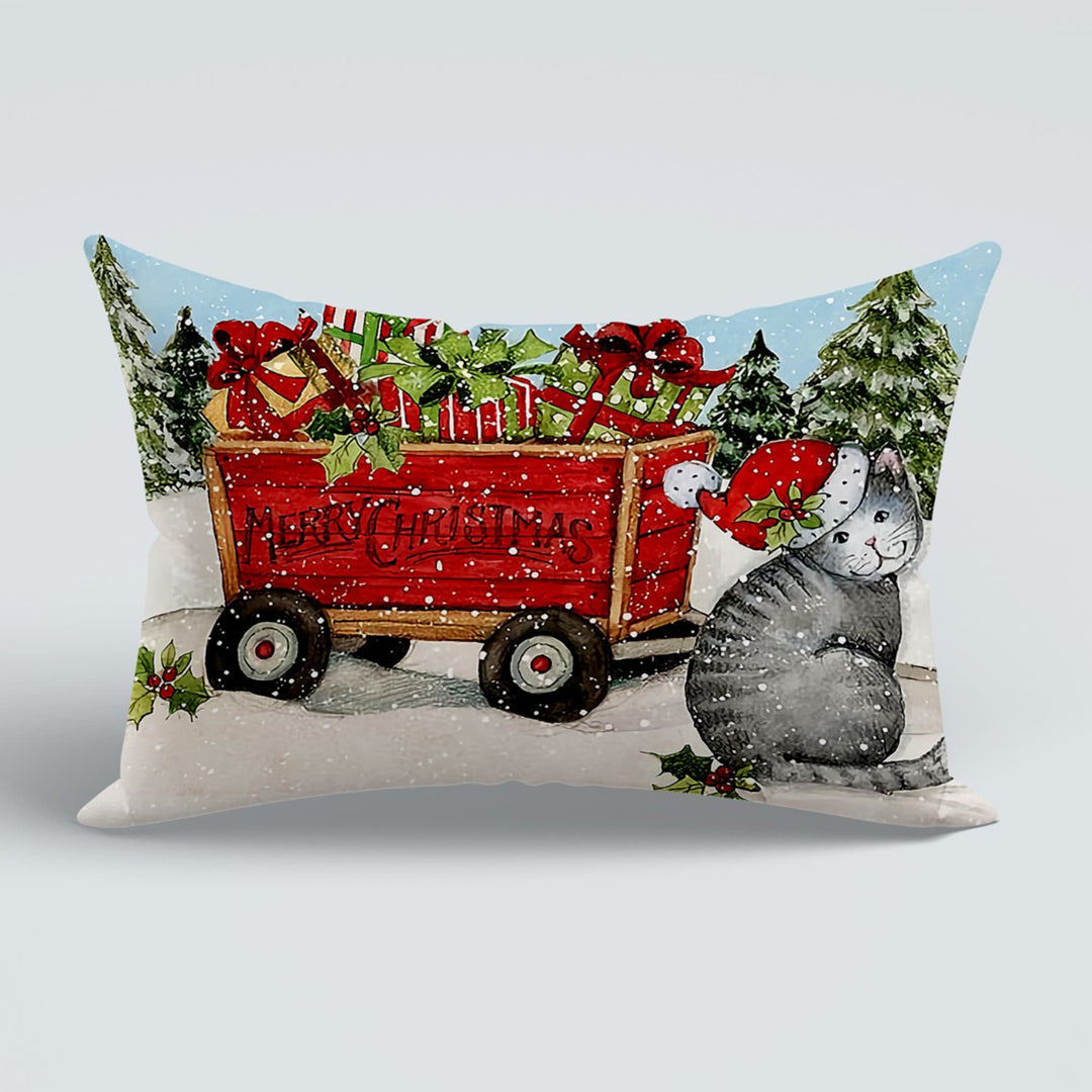 Merry Christmas Couch Cushion Cover|Cute Cat Outdoor Lumbar Pillow|Nutcracker Pillow Cover|Xmas Porch Cushion Case|Winter Sofa Pillow Case