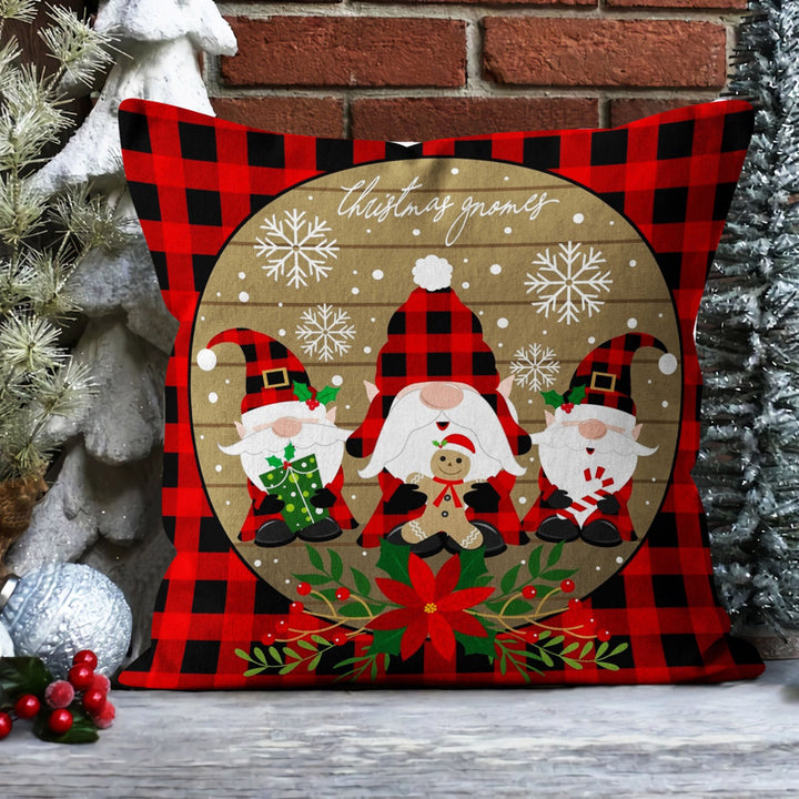 Merry Xmas Porch Pillow Sham|Gnome Outdoor Pillowcase|Cute Stag And Santa Throw Pillow Cover|Poinsettia Cushion Case|Plaid Sofa Pillow Sham