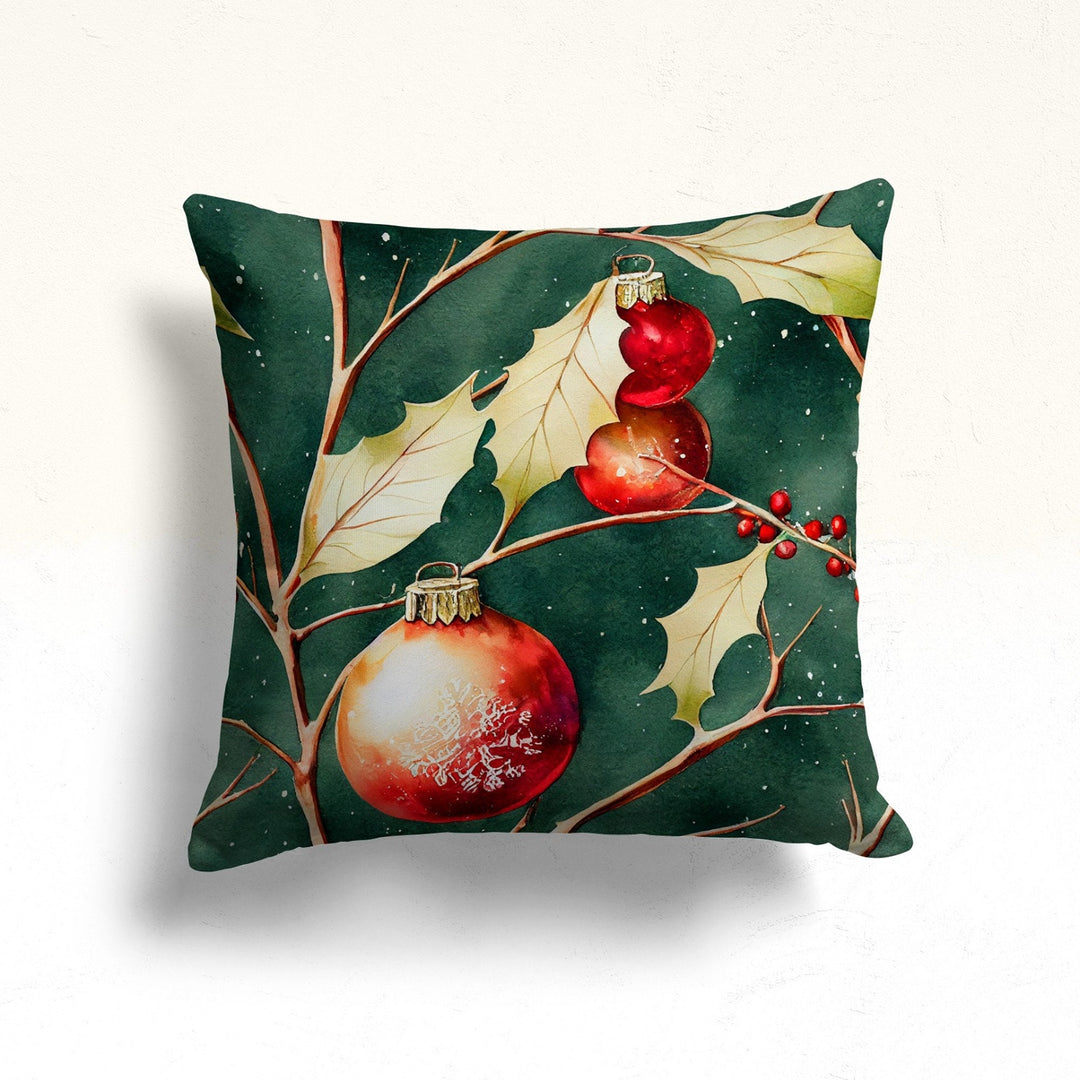 Xmas Ornament Sofa Pillow Top|Leaves Throw Pillowcase|Winter Pillow Cover|Pine Tree Outdoor Cushion Case|Christmas Red Berry Porch Cushion