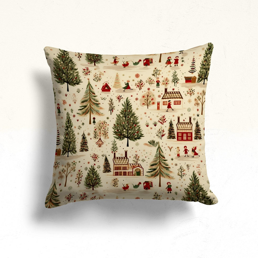 Xmas Pine Tree Porch Pillow Sham|Winter Sofa Cushion Case|Playing Kids Throw Pillowcase|Houses Outdoor Cushion Case|Snowflake Pillow Cover