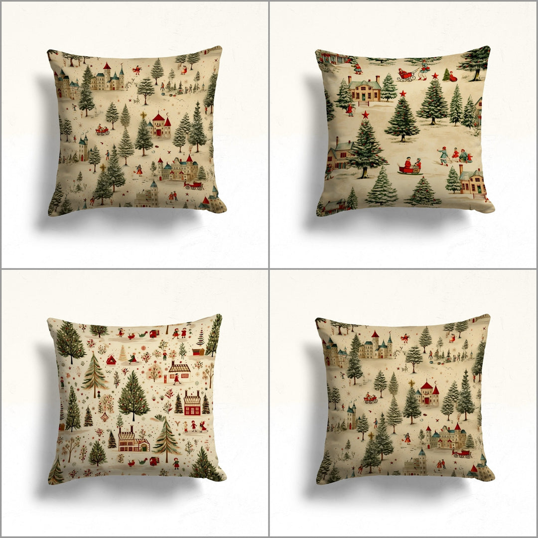 Xmas Pine Tree Porch Pillow Sham|Winter Sofa Cushion Case|Playing Kids Throw Pillowcase|Houses Outdoor Cushion Case|Snowflake Pillow Cover