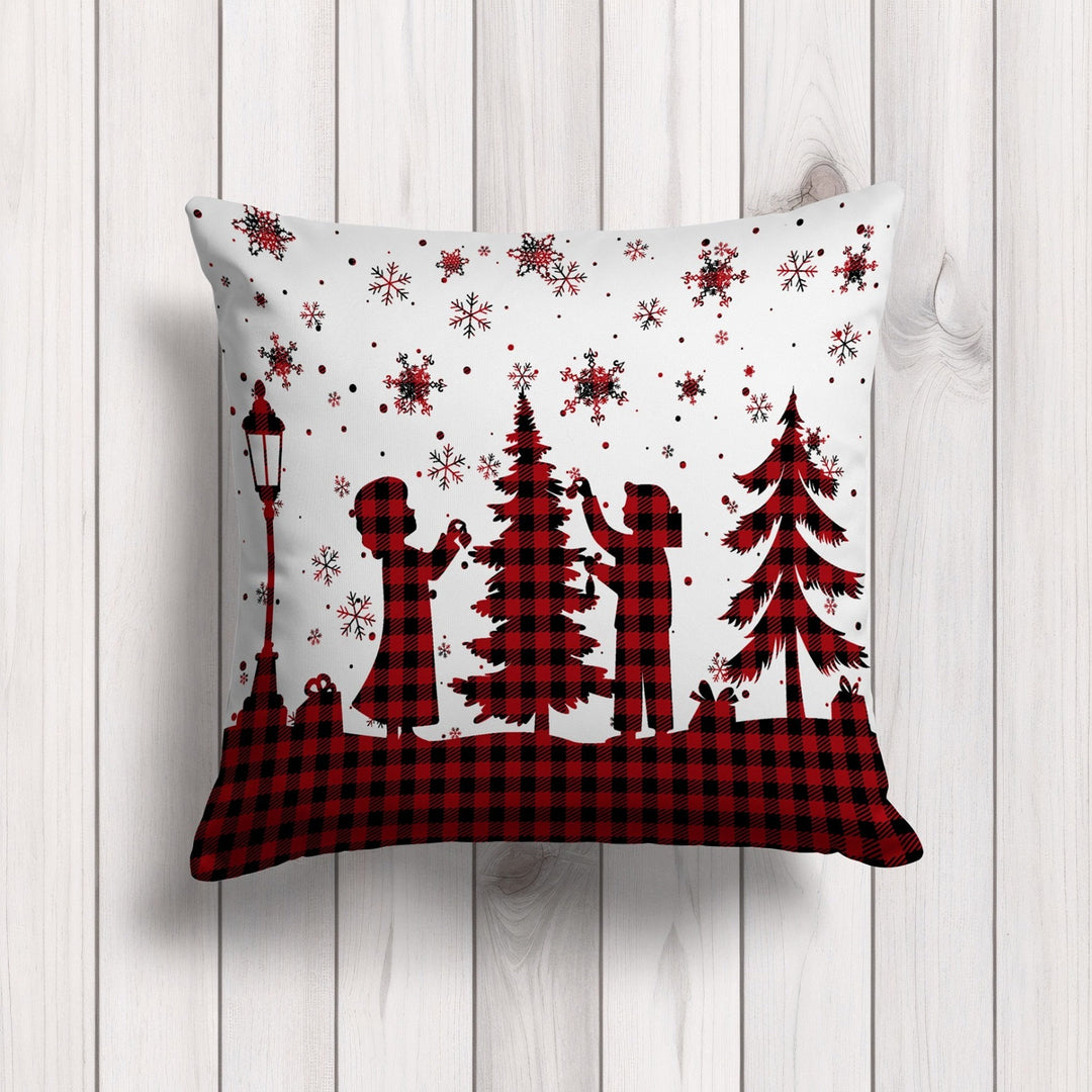 Merry Christmas Throw Pillow Case|Pine Tree Outdoor Cushion Case|Deer Pillow Cover|Black Red Checkered Cushion Cover|Winter Pillowcase