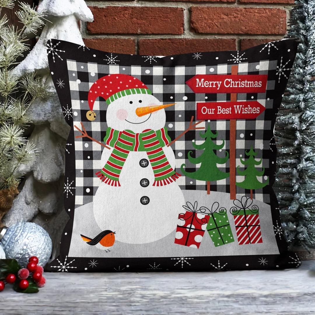 Snowman Throw Pillow Sham|Winter Outdoor Pillowcase|Merry Xmas Cushion Case|Plaid Design Home Decor|Snowflake Print Pillow Cover