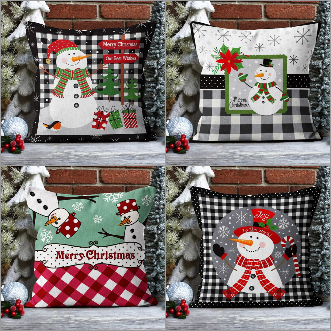 Snowman Throw Pillow Sham|Winter Outdoor Pillowcase|Merry Xmas Cushion Case|Plaid Design Home Decor|Snowflake Print Pillow Cover