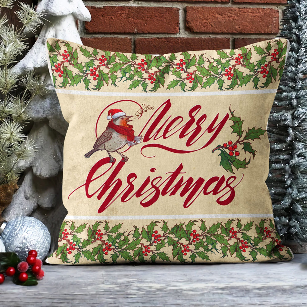 Merry Xmas Sofa Pillow Top|Red Berry Outdoor Pillowcase|Joy To The World Cushion Case|Bird Decor|Xmas Bell Throw Pillow Cover|Winter Pillow