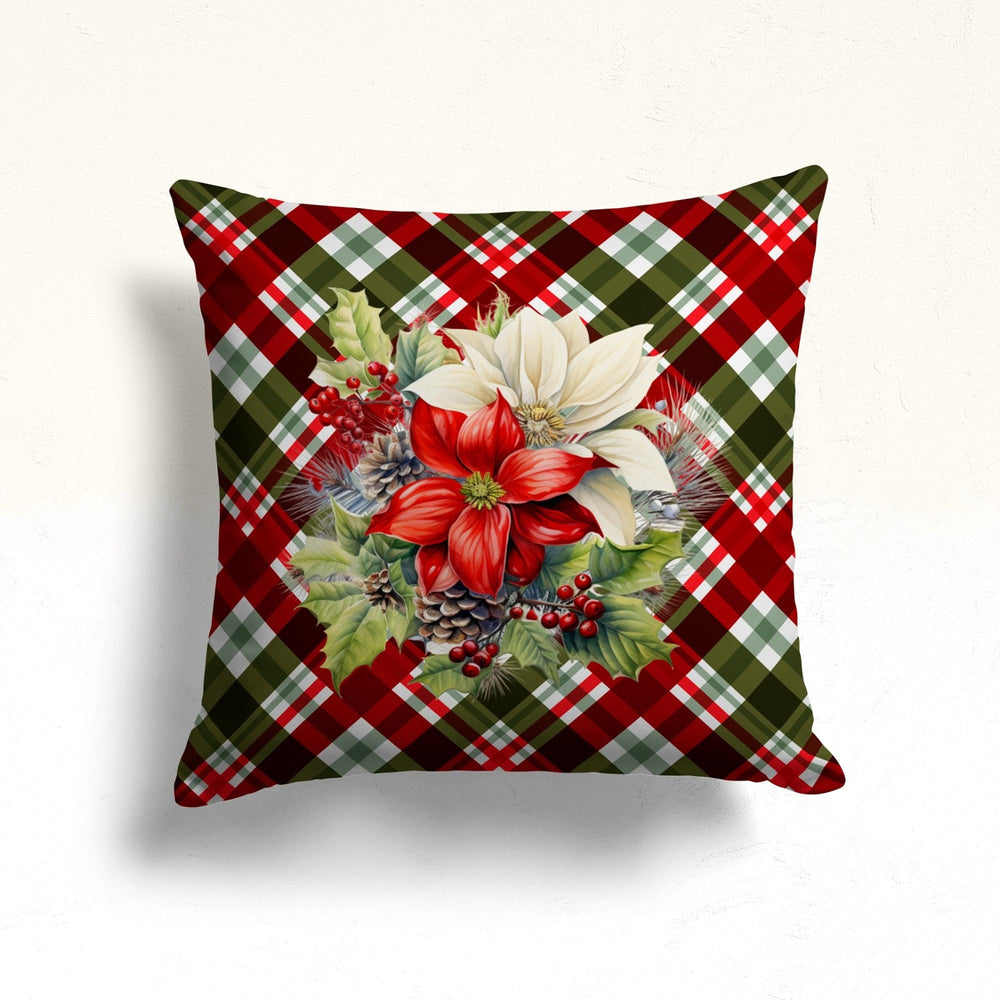 Plaid Design Winter Sofa Pillow Case|Red White Poinsettia Cushion Case|Outdoor Pillowcase|Xmas Truck Full of Gift Boxes Throw Pillow Top