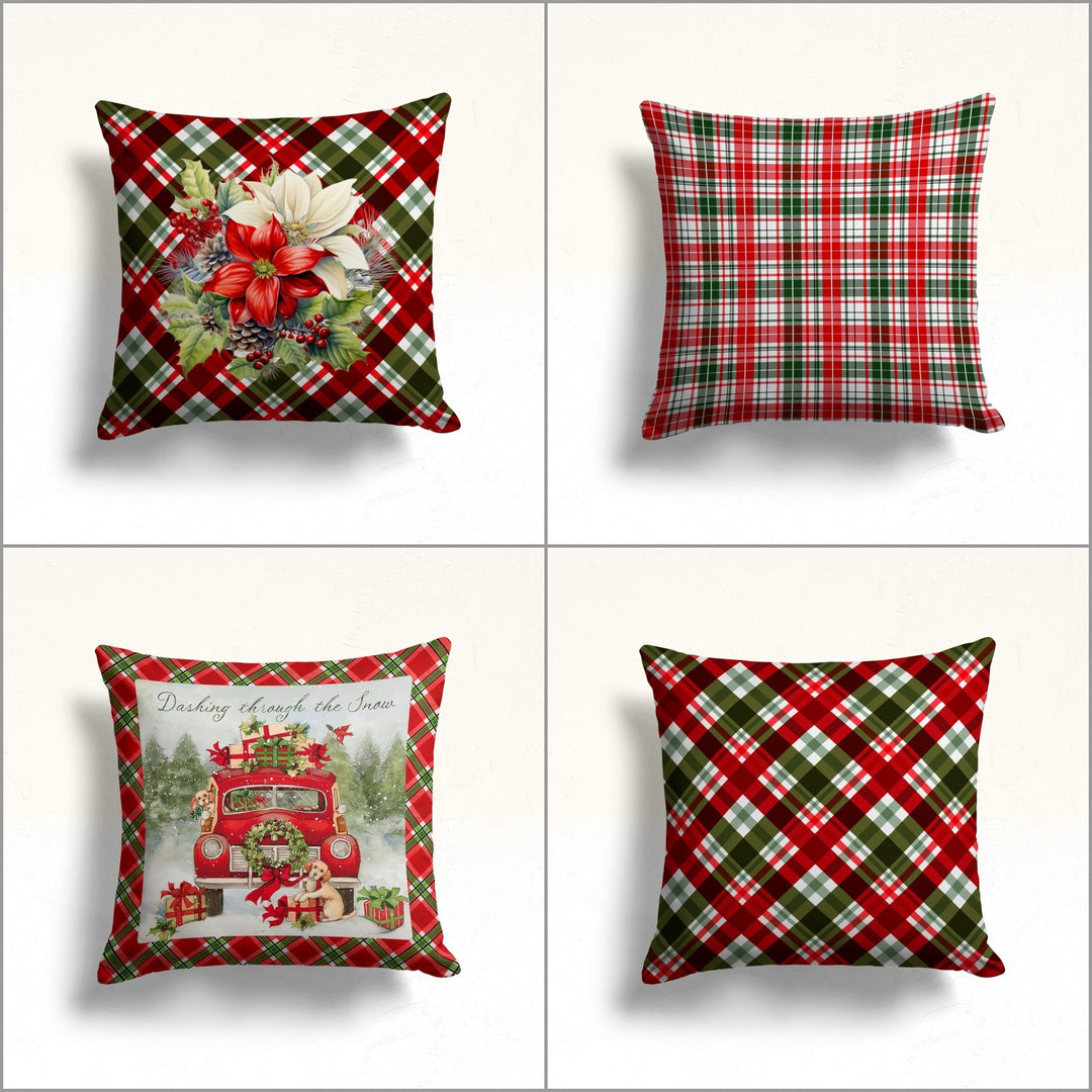 Plaid Design Winter Sofa Pillow Case|Red White Poinsettia Cushion Case|Outdoor Pillowcase|Xmas Truck Full of Gift Boxes Throw Pillow Top