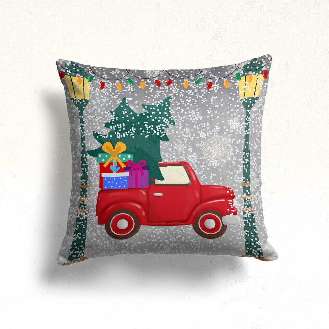 Winter Pillowcase|Snow Throw Pillow Case|Pine Tree Pillowtop|Snowman Home Decor|Xmas Gift Box Outdoor Cushion Cover|Truck Porch Pillow Sham