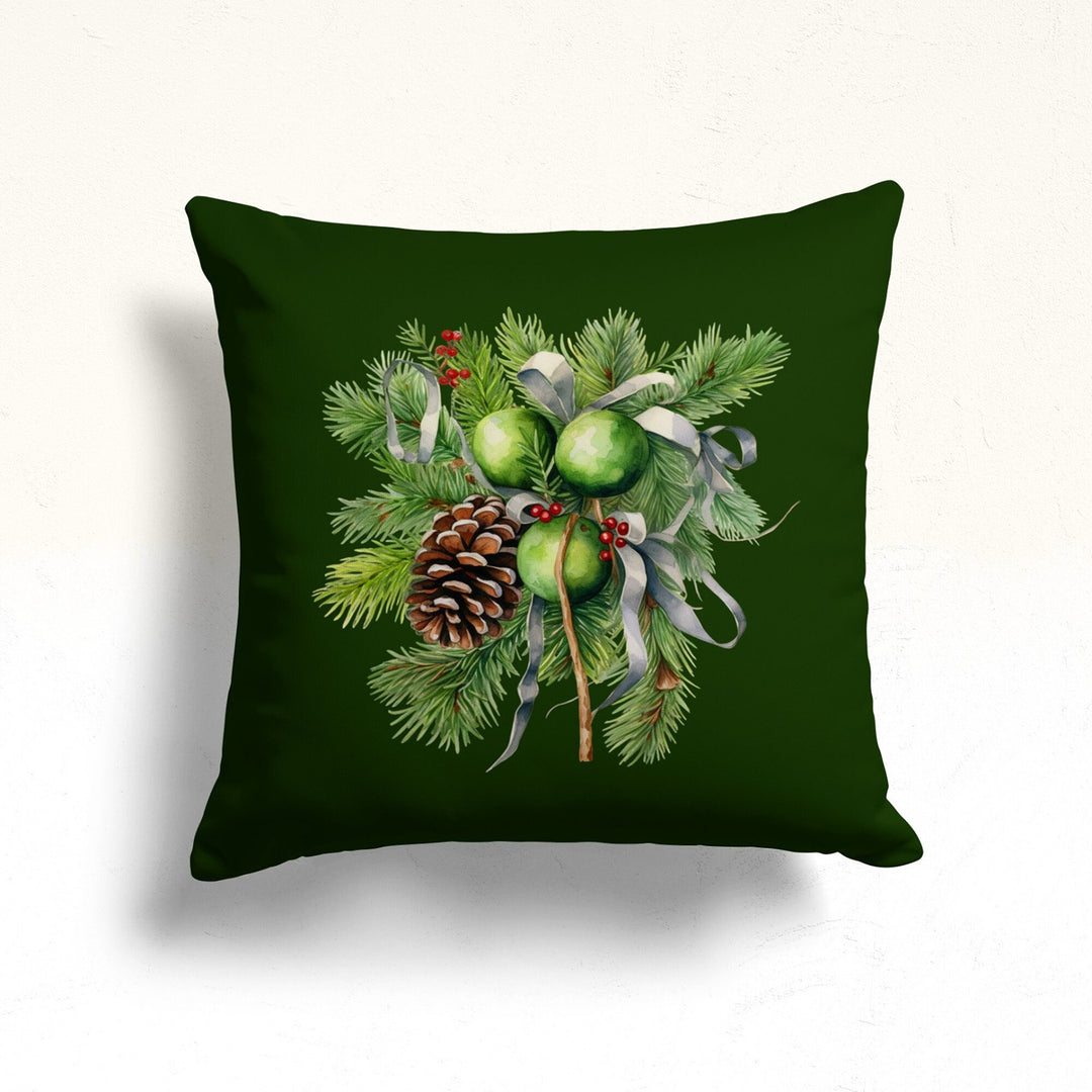 Red Berry Throw Cushion Cover|Green Red Winter Trend Pillowcase|Leaf Print Throw Pillow Case|Xmas Tree Porch Pillow Sham|Housewarming Pillow