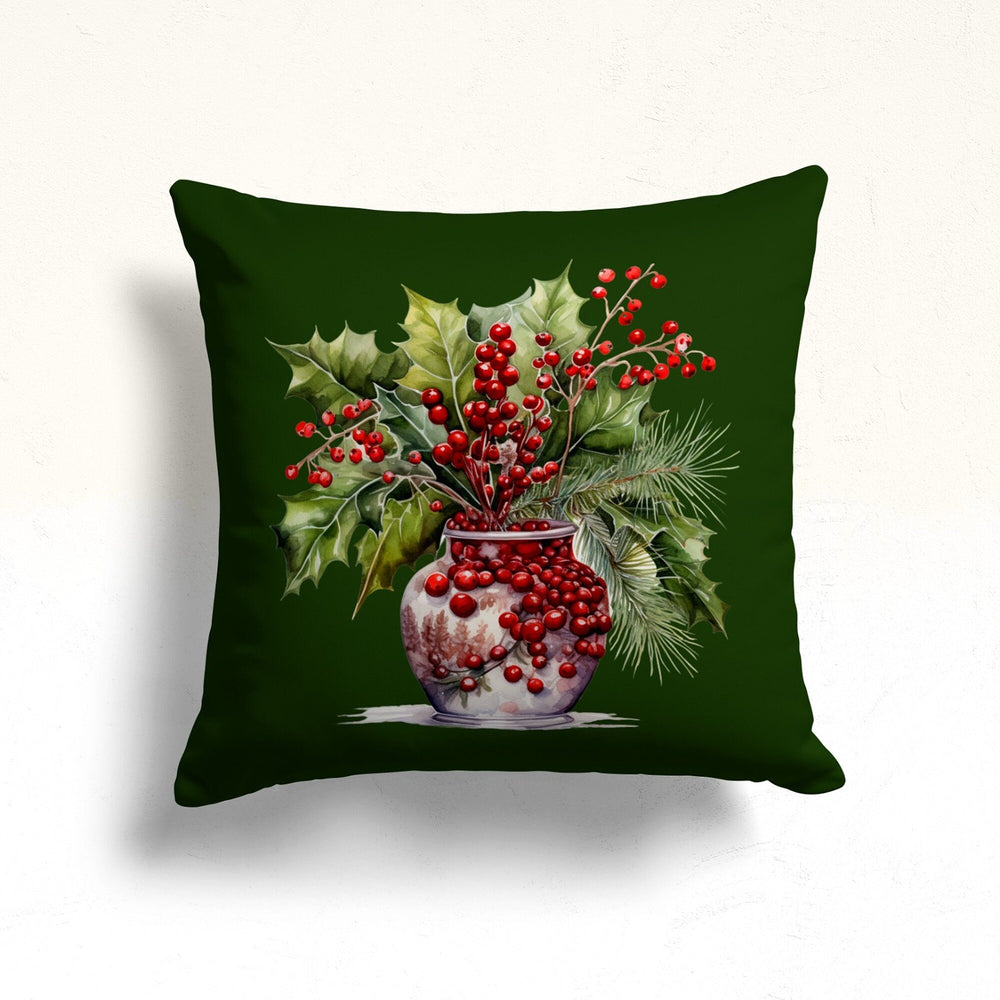 Red Berry Throw Cushion Cover|Green Red Winter Trend Pillowcase|Leaf Print Throw Pillow Case|Xmas Tree Porch Pillow Sham|Housewarming Pillow