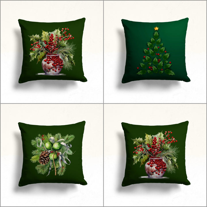 Red Berry Throw Cushion Cover|Green Red Winter Trend Pillowcase|Leaf Print Throw Pillow Case|Xmas Tree Porch Pillow Sham|Housewarming Pillow