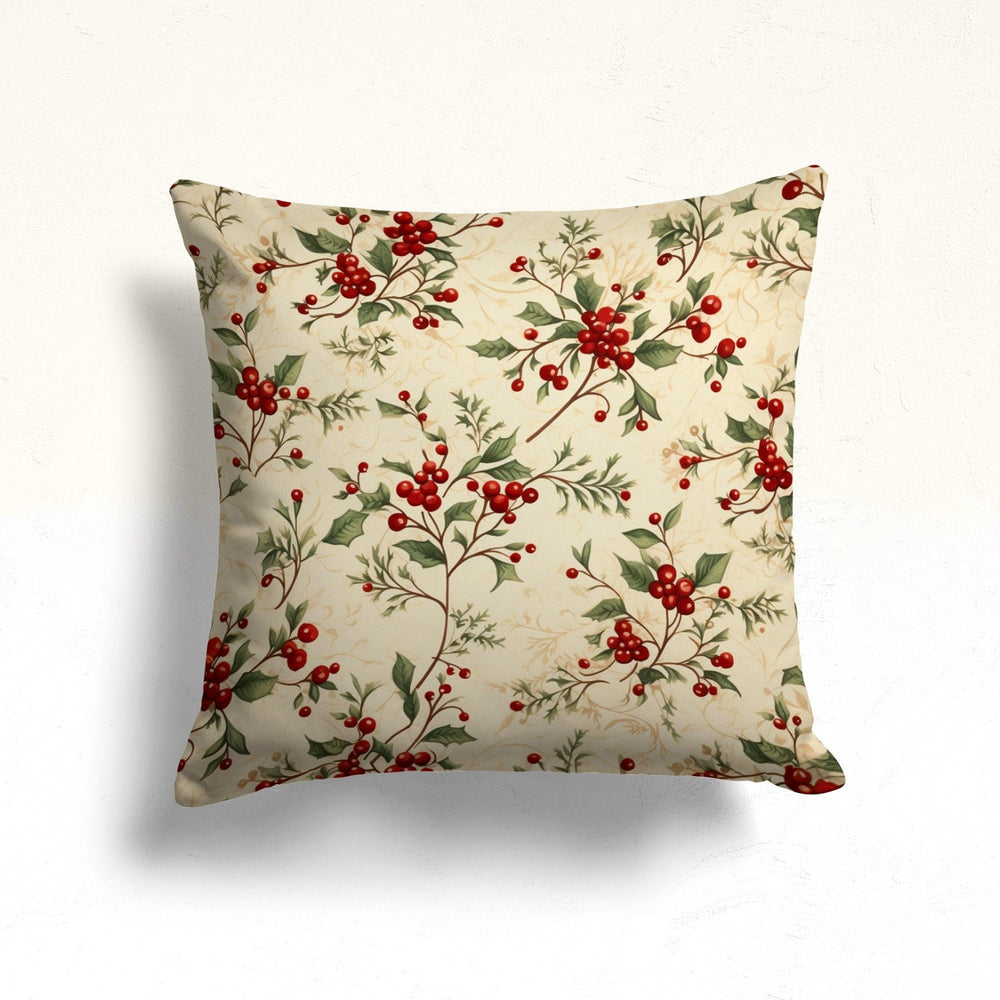 Winter Cushion Case|Red Berry Outdoor Pillow|Flower Sofa Pillow Case|Xmas Cozy Decor|Christmas Pillow Cover|Green Leaves Throw Pillow