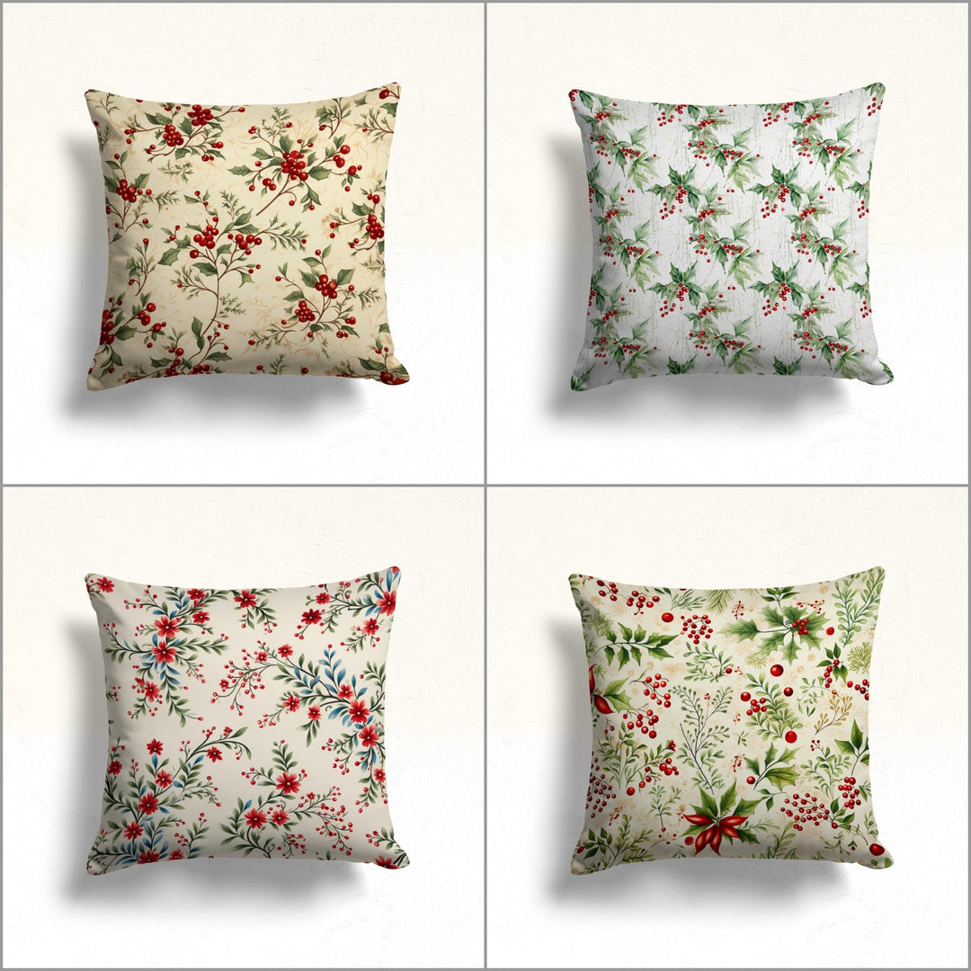 Winter Cushion Case|Red Berry Outdoor Pillow|Flower Sofa Pillow Case|Xmas Cozy Decor|Christmas Pillow Cover|Green Leaves Throw Pillow