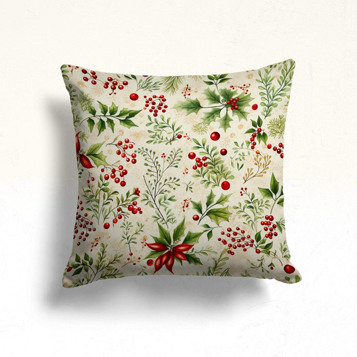 Winter Cushion Case|Red Berry Outdoor Pillow|Flower Sofa Pillow Case|Xmas Cozy Decor|Christmas Pillow Cover|Green Leaves Throw Pillow