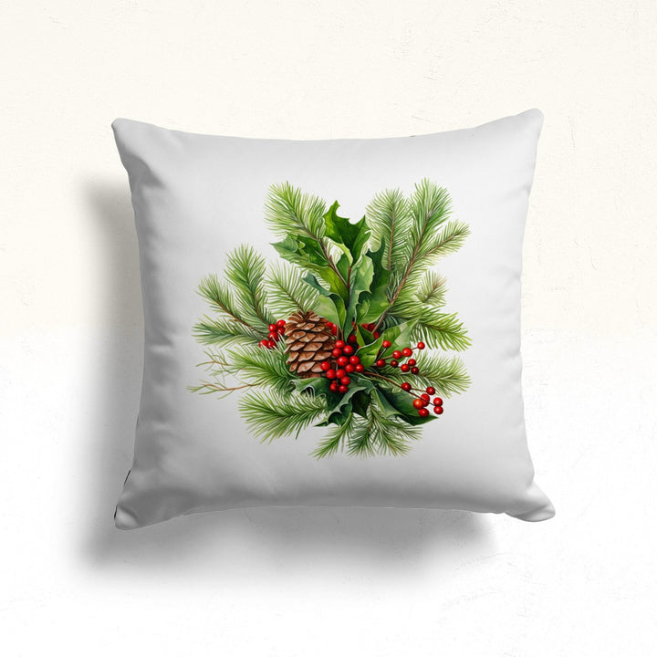 Floral Red Berry Sofa Pillowtop|Christmas Berries Outdoor Pillow|Winter Porch Cushion Case|Xmas Throw Pillow Case|Pine Tree Needles Pillow