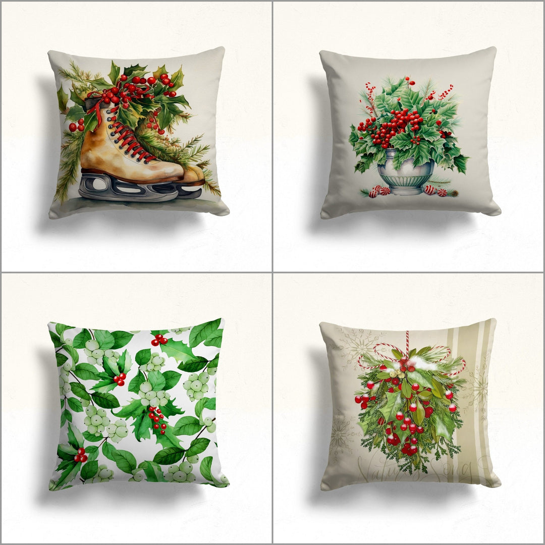 Winter Pillow Case|Red Berry Sofa Pillow Cover|Green Leaf Outdoor Pillowcase|Christmas Porch Cushion Case|Boot Throw Pillowtop