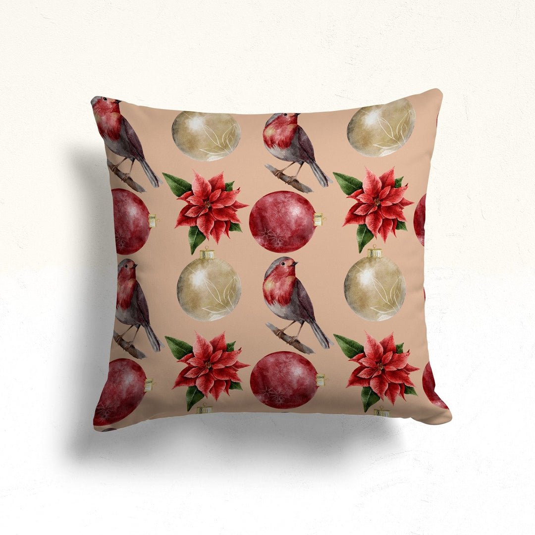 Winter Outdoor Pillowcase|Red Poinsettia Sofa Pillow Case|Bird Throw Pillowtop|Red Berry Pillow Cover|Xmas Ornament Porch Cushion Case